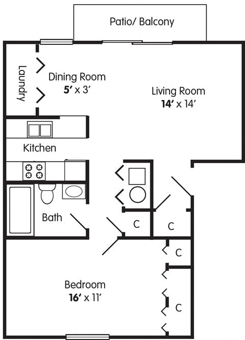 Floor plan for 1 bed, 1 bath, 742 sqft
